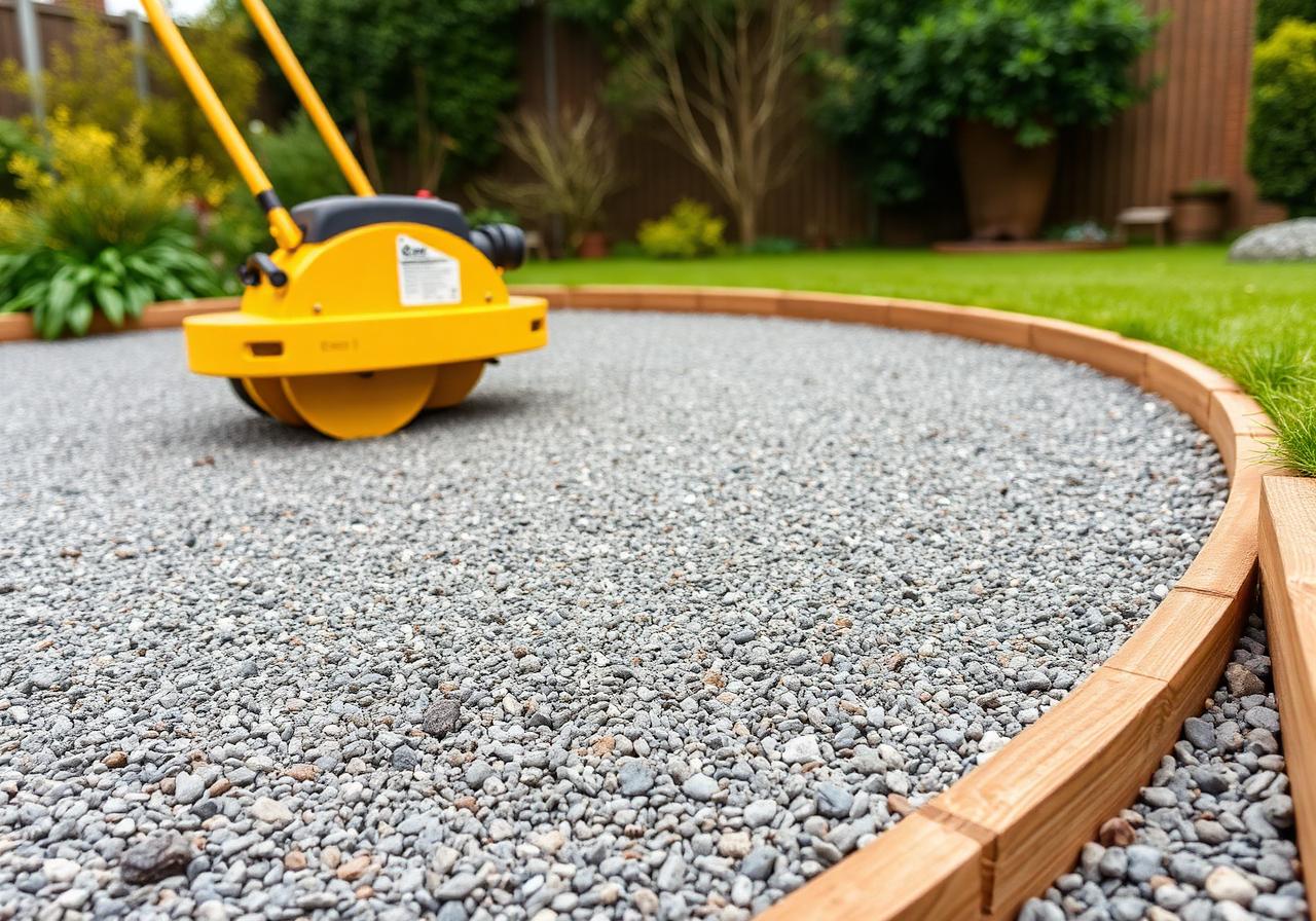 A compacted grey MOT Type 1 aggregate base raked dead level inside timber edge restraint, with a vibrating plate compactor, ready for artificial grass