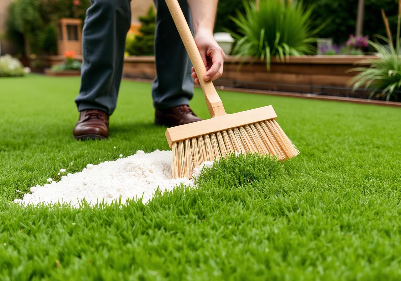A landscaper brushing kiln-dried silica sand infill into freshly laid green artificial grass with a stiff broom