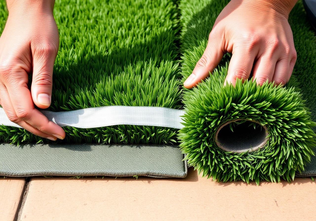 Two rolls of artificial grass being butt-joined over grey joining tape with adhesive, pile folded back clear of the glue