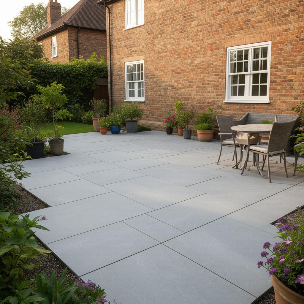 A finished grey porcelain patio laid against a UK brick house with neat joints, potted plants and garden furniture