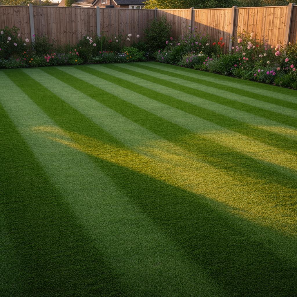 A UK back garden lawn mown into crisp alternating light and dark green stripes with a roller mower