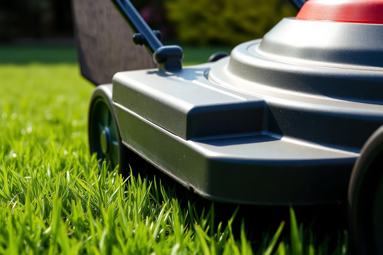 Close-up of a roller lawnmower with a rear roller pressing grass flat to form a stripe in a UK garden