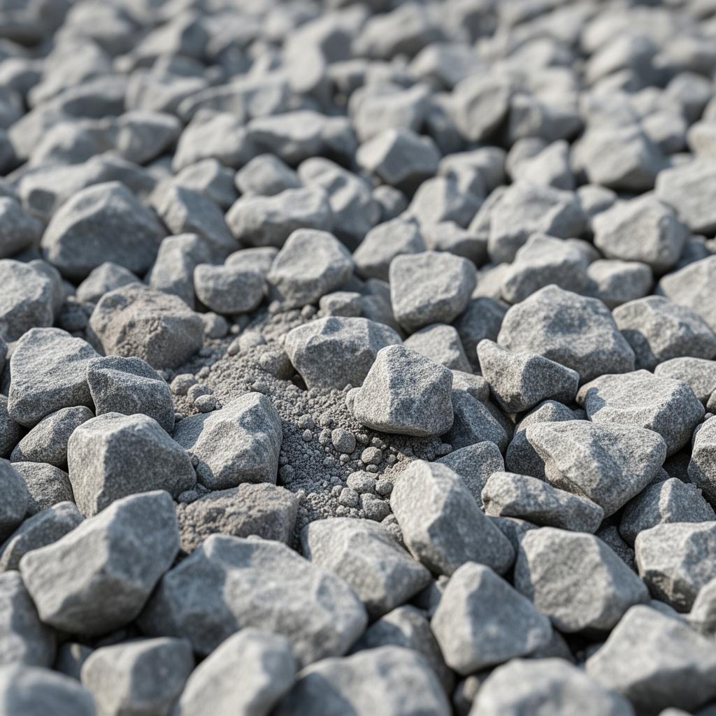 Close-up of grey MOT Type 1 crushed limestone sub-base aggregate, angular stones graded from 40 mm down to dust