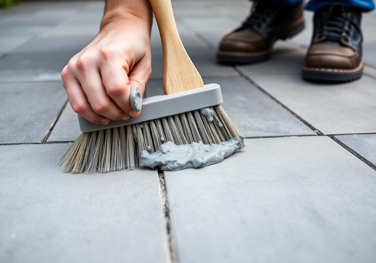 A person brushing grey resin jointing compound into the joints of a newly laid grey porcelain patio with a soft broom