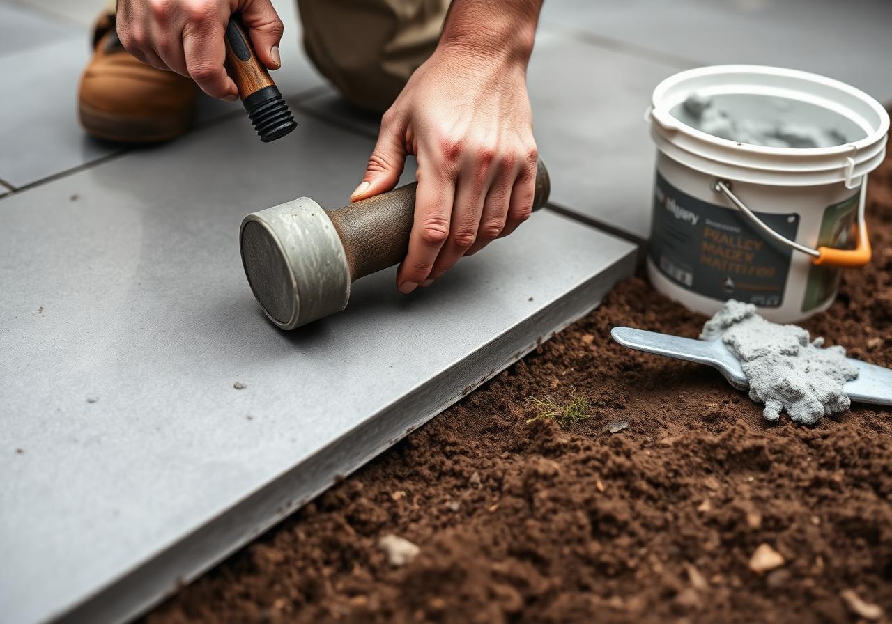 Hands tapping a large grey porcelain paving slab level onto a full wet mortar bed with a rubber mallet, trowel and bucket of mortar alongside