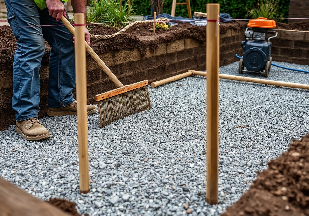 A landscaper levelling compacted MOT Type 1 sub-base between timber pegs and string lines in an excavated patio area, with a plate compactor nearby