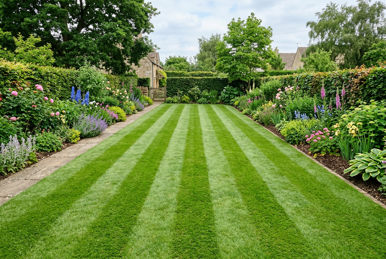 Classic stripes mowing pattern on a real lawn