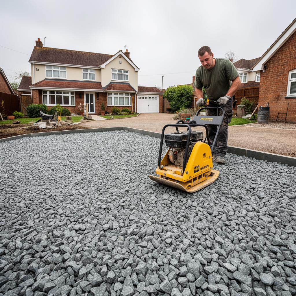 A landscaper compacting freshly laid grey MOT Type 1 sub-base on a domestic driveway with a yellow plate compactor