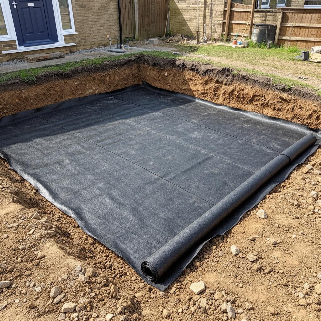 A black woven geotextile membrane rolled out across an excavated driveway subgrade before MOT Type 1 sub-base is laid, in a UK garden