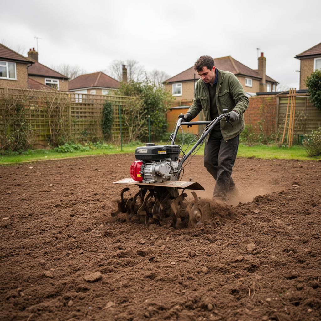 A person rotavating bare brown soil with a petrol rotavator in a UK back garden to break the ground into a fine tilth before laying turf