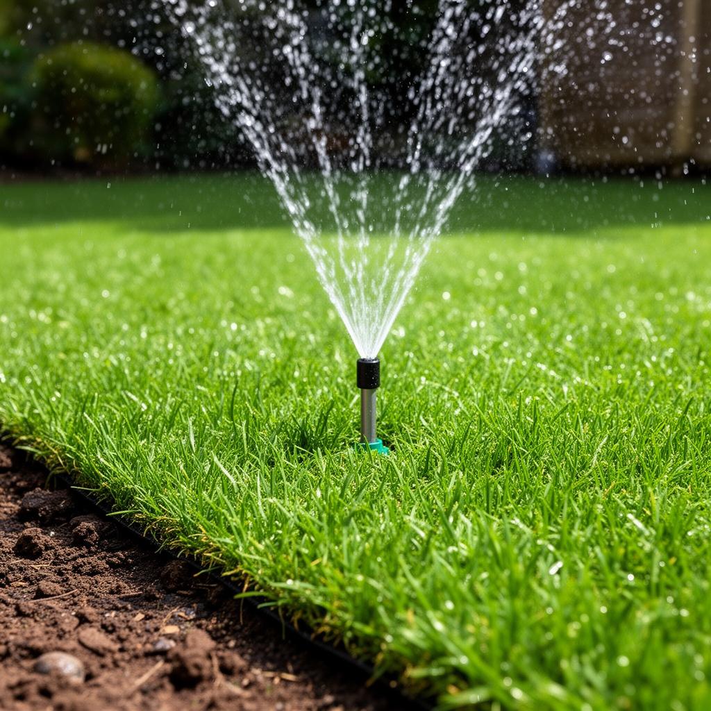 A garden sprinkler watering fresh green newly laid turf with visible water droplets in a UK garden, soil at the edge